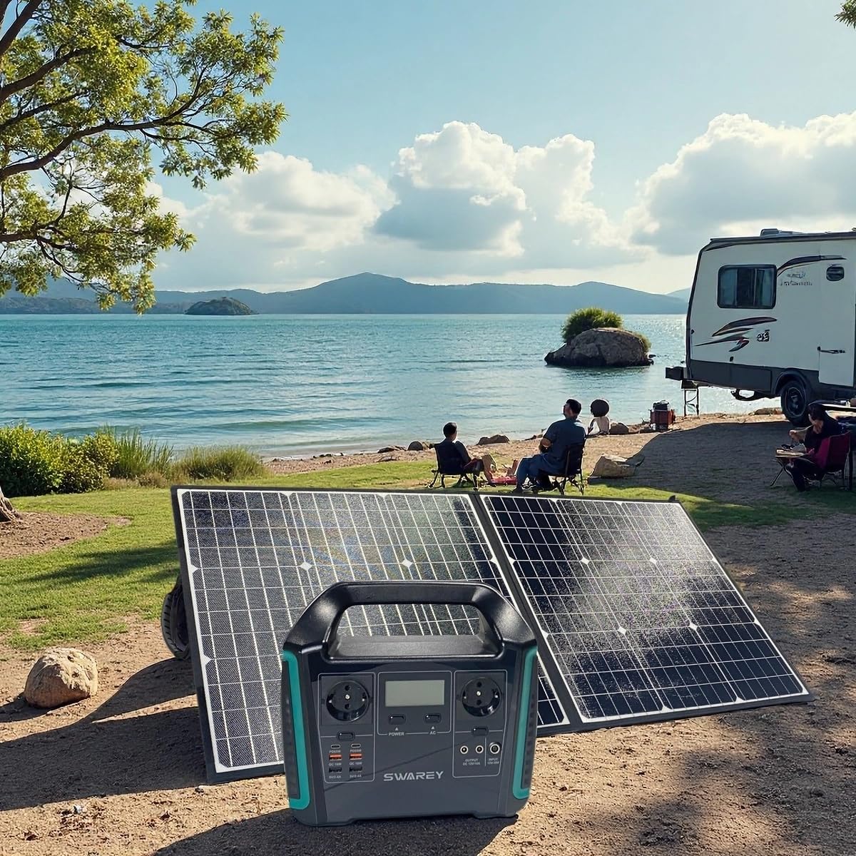 Station d’énergie portable SWAREY S1000 1000W + Panneau Solaire 100W, Capacité 725,76Wh, Recharge Secteur/Véhicule/Solaire, Onde Sinusoïdale Pure, Multiples Ports PD/QC3.0 pour Camping Van Urgence