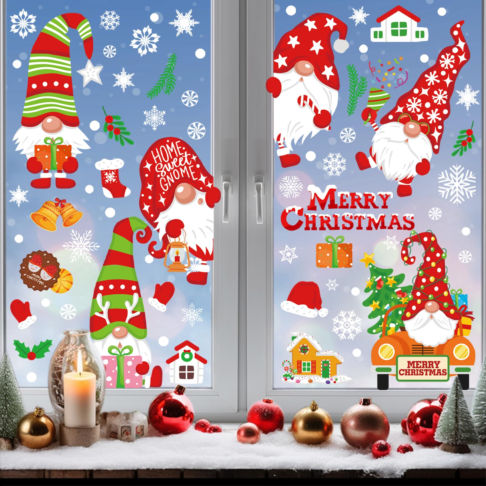 Niviy Christmas Window Clings Decorations 136 Pcs Window Stickers with Gnome, Snowman, Reindeer, Santa Claus for Winter Christmas Decorations Ornaments Xmas Party