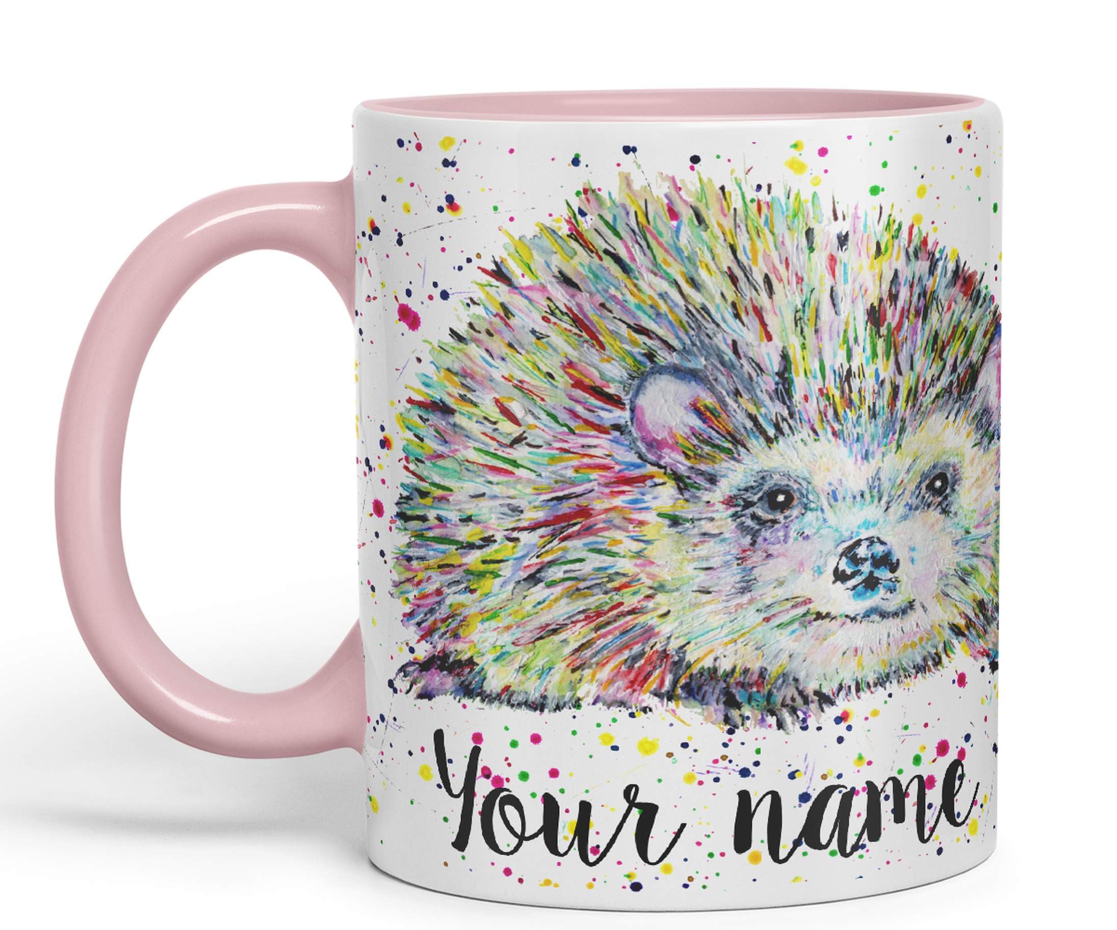 Vixar Personalised with Your Text Hedgehog Wildlife Watercolour Art Coloured Ceramic Mug Cup Gift 330ml 11oz Custom Work Office Tea Coffee (Pink)