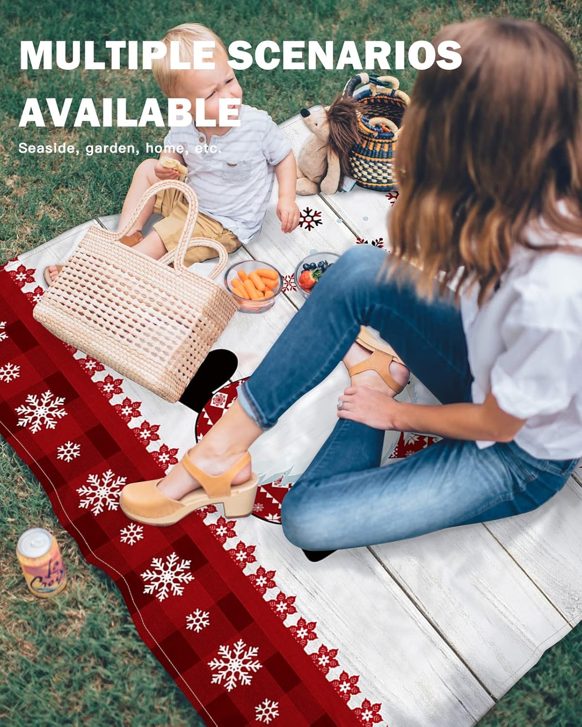 Farm Christmas Gnome Beach Blanket Waterproof Sandproof Outdoor Picnic Mat 108"x84" Red Snowflake Vintage Wooden Board Lightweight Large Beaach Blankets with 4 Stake & 4 Corner Pockets