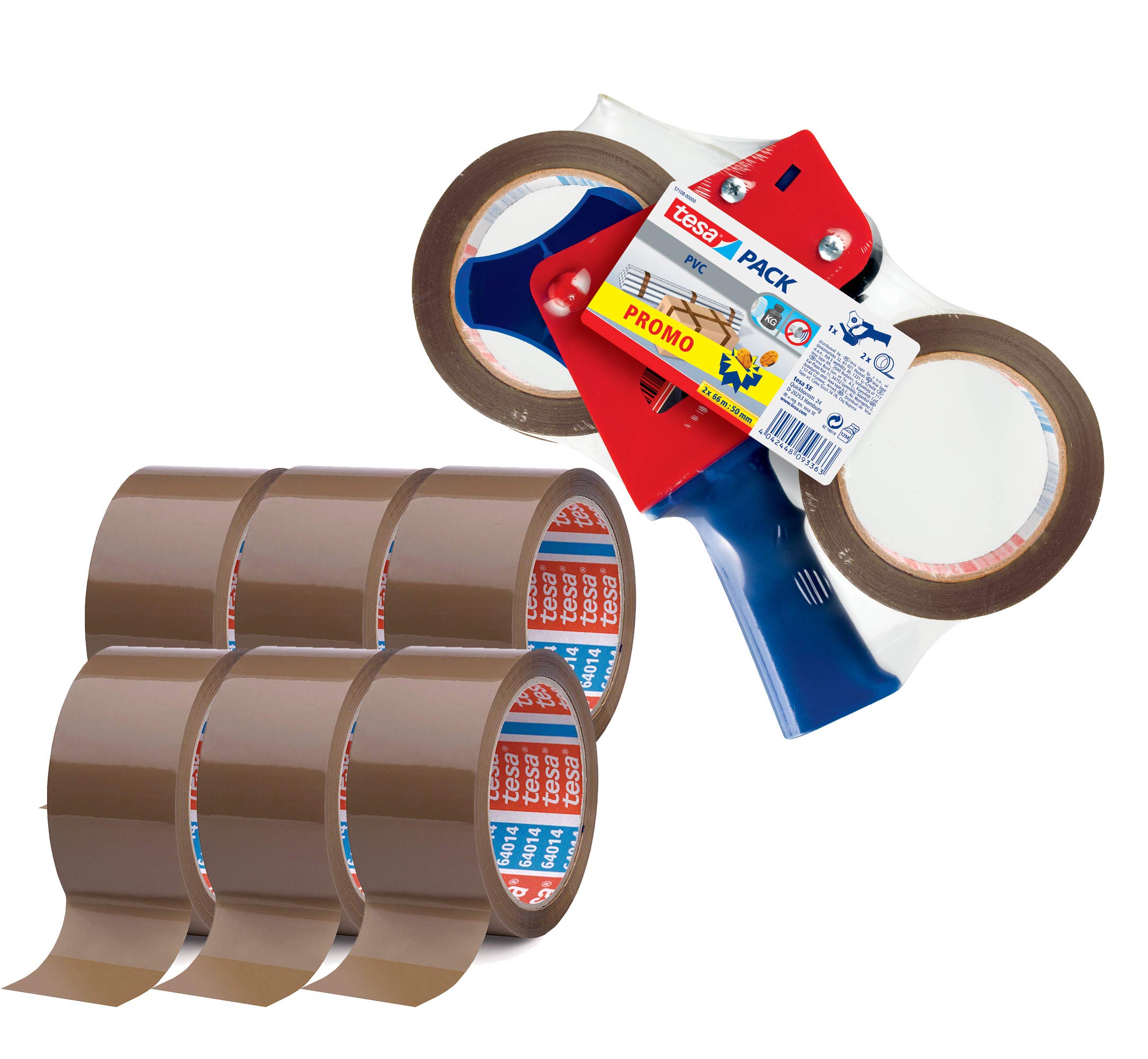 tesa Pakiet Ultra Strong i ręczny dozownik w zestawie z 2 wyjątkowo odpornymi na rozdarcie taśmami samoprzylepnymi PCW, kolor brązowy, 66 m x 50 mm (dozownik + 6 rolek dodatkowych, brązowy)
