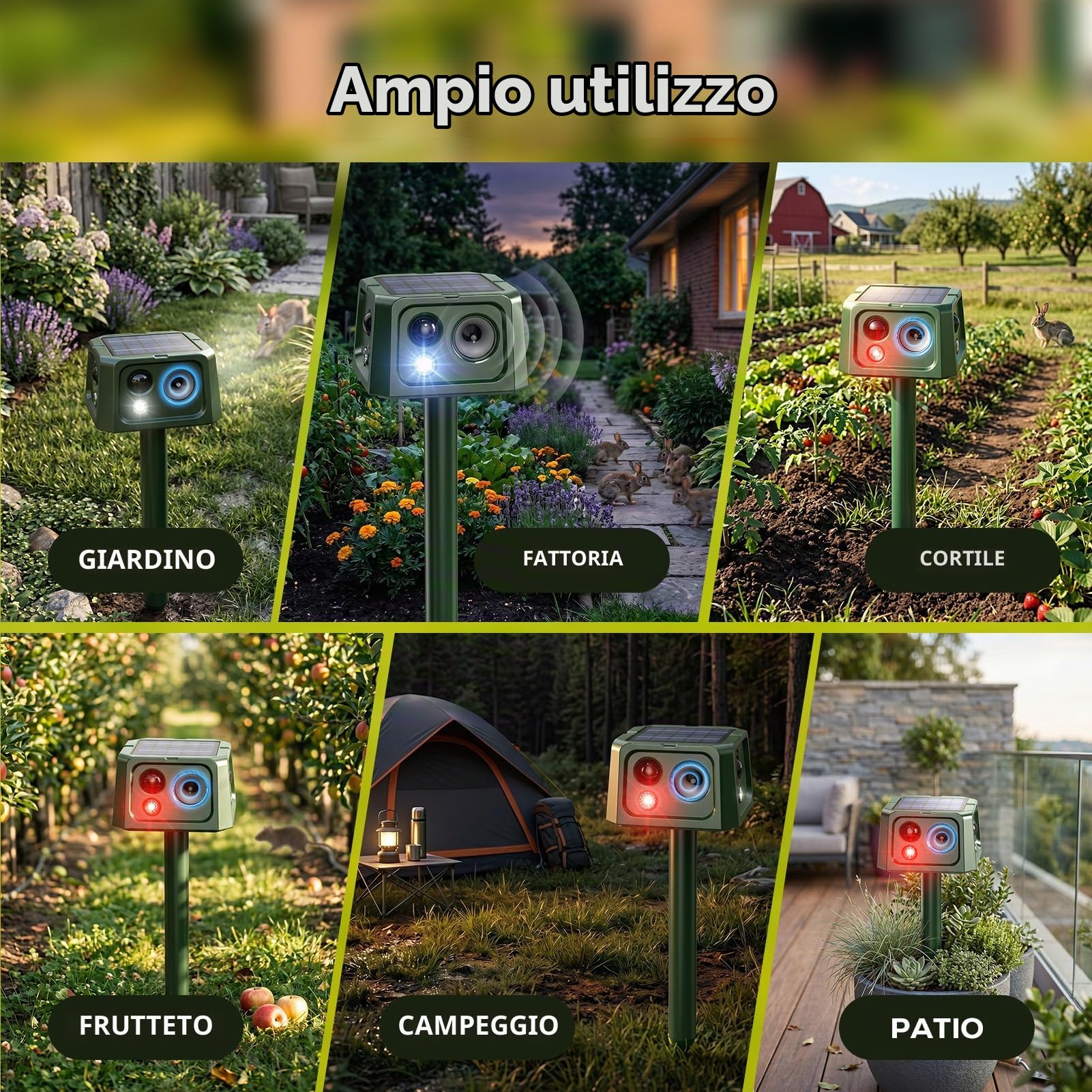 Repellente per Gatti, 360° Repellente per Animali ad Energia Solare con Sensore di Movimento e Luce Lampeggiante, 5 Modalità Ultrasuoni Repellente per Topi Uccello Puzzola Scoiattolo Procione Coniglio