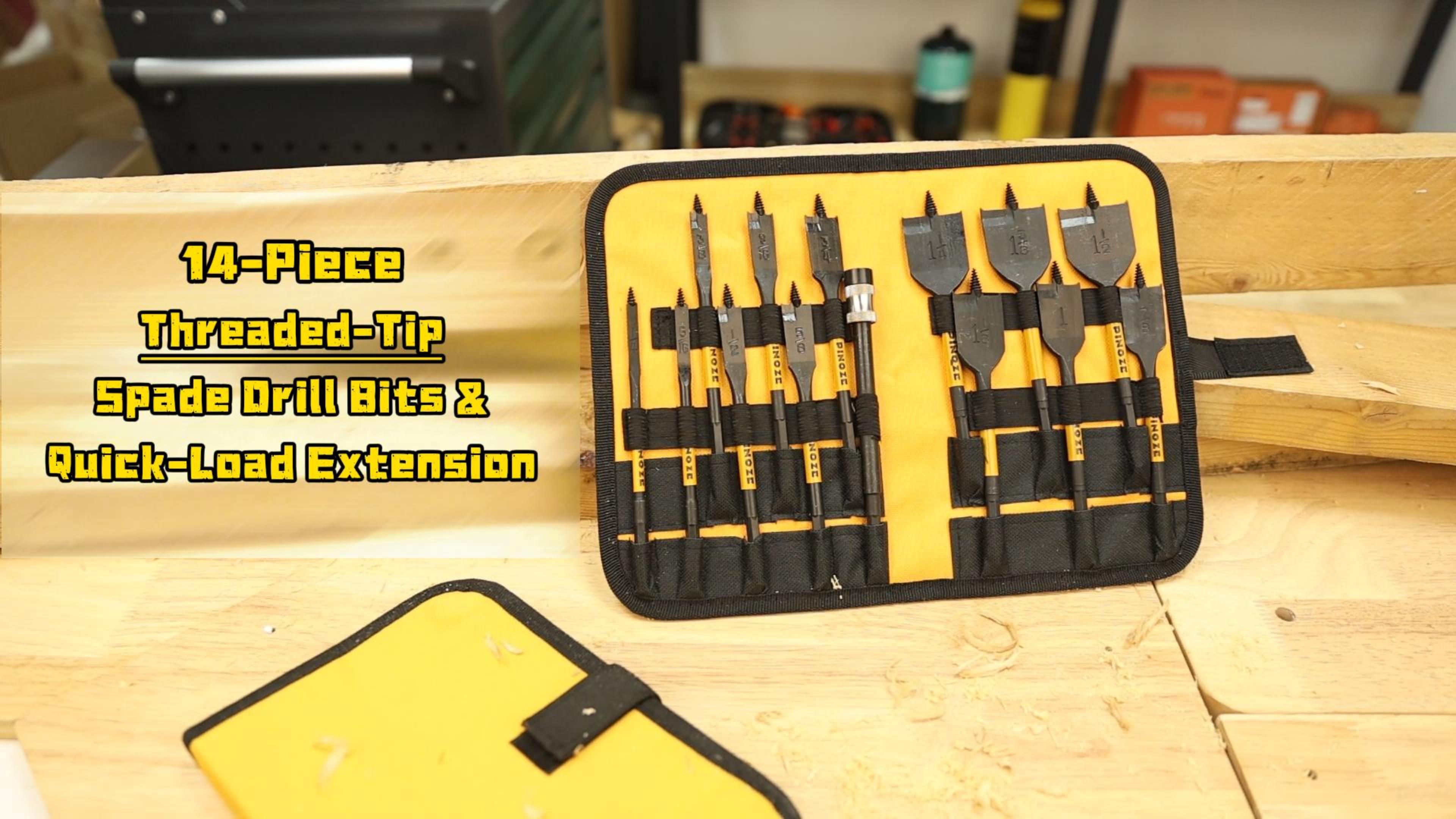 Image of PINOZE 14-Piece Spade Drill Bit Sets with 6 inch Quick-Load Extension, Paddle Flat Bit for Hole Cutter Woodworking, 1 /4 inch to 1-1 /2 inch, Self-Feeding Threaded Tip, 1 /4 inch Hex Shank, Storage Pouch Included