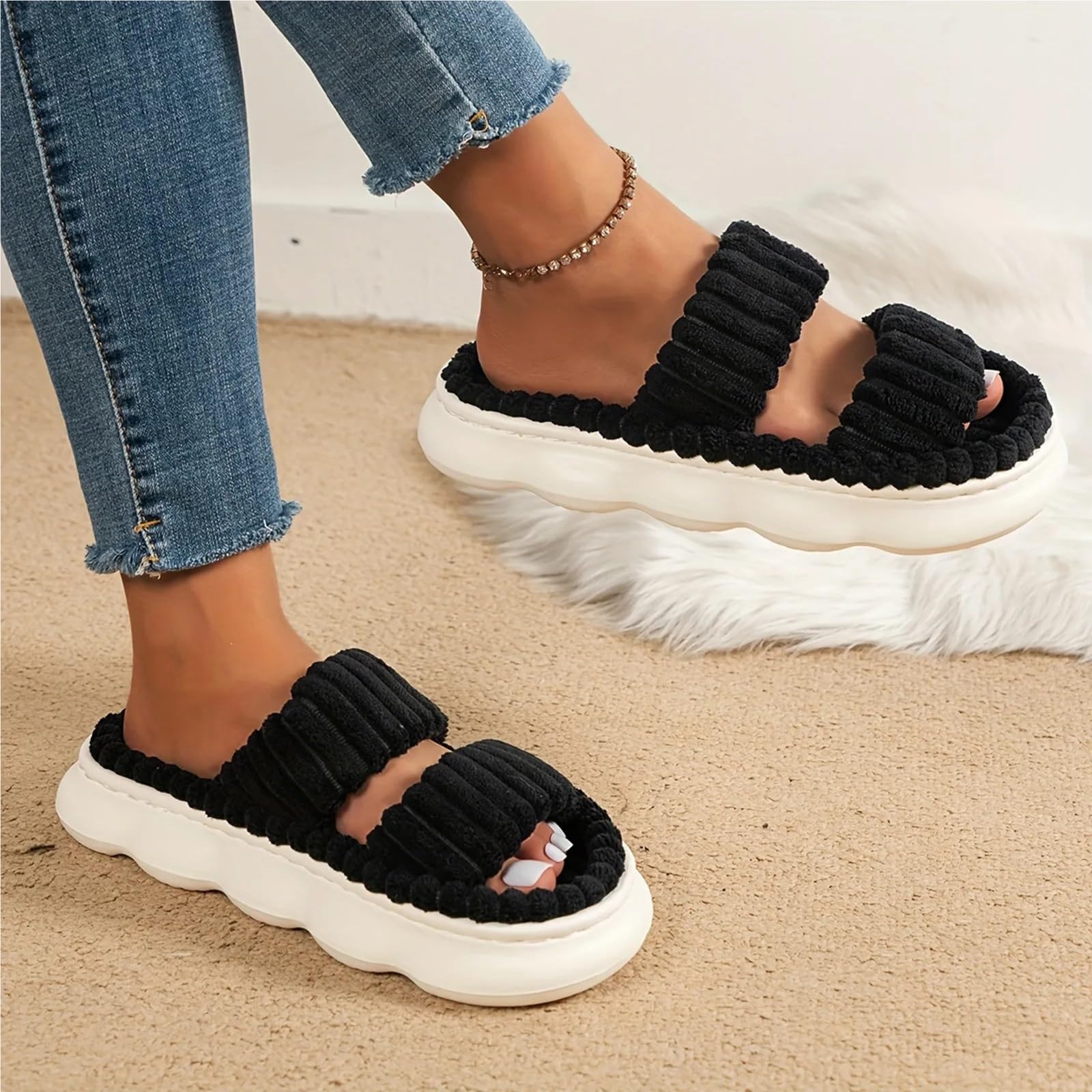 Pantuflas de casa for Mujer con Puntera Abierta y Suela de Lino Cruzada, Chanclas de baño Antideslizantes con Suela de Lino. para Uso Doméstico(Black,44)