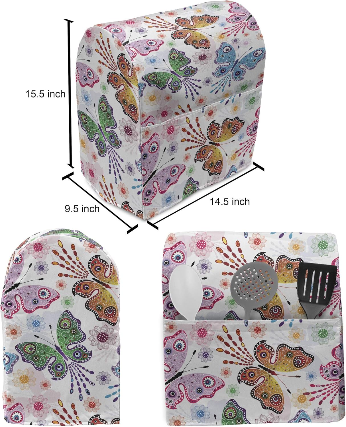 Ambesonne Butterfly Stand Mixer Cover, Floral Arrangement with Vibrant Colored Butterflies with Design Elements, Kitchen Appliance Organizer Bag Cover with a Pocket, 6-8 Quarts, Multicolor