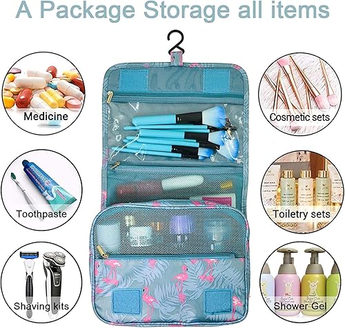 Miniatura 3 de Trawila Neceser colgante de viaje, bolsa de cosméticos, organizador de maquillaje para hombres y mujeres con gancho resistente, Flamenco azul