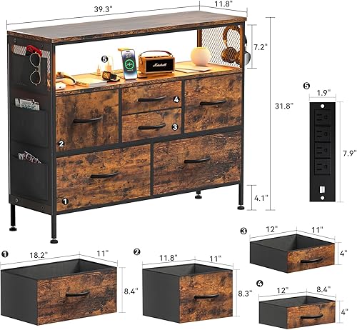 Miniatura 3 de YILQQPER Cómoda para dormitorio, soporte de TV con tomas de corriente y luz LED, cómoda de 6 cajones con bolsillos laterales y ganchos, cómoda ancha