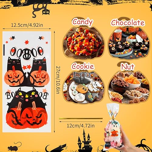 Miniatura 3 de LOKIPA 120 bolsas de celofán de Halloween, 6 estilos de bolsas de celofán de Halloween con 150 lazos giratorios para regalos de fiesta de truco o