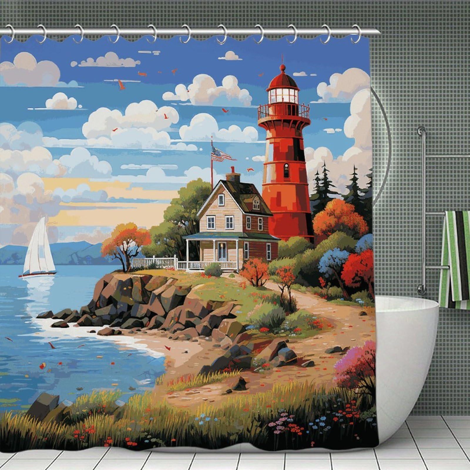 VstaDank Coastal Lighthouse Shower Curtain Light-Weight Blackout Bathroom Curtain Washable Shower Liner 71x71 Inch Bath Curtain with Metal Holes Bathtub Bath Room