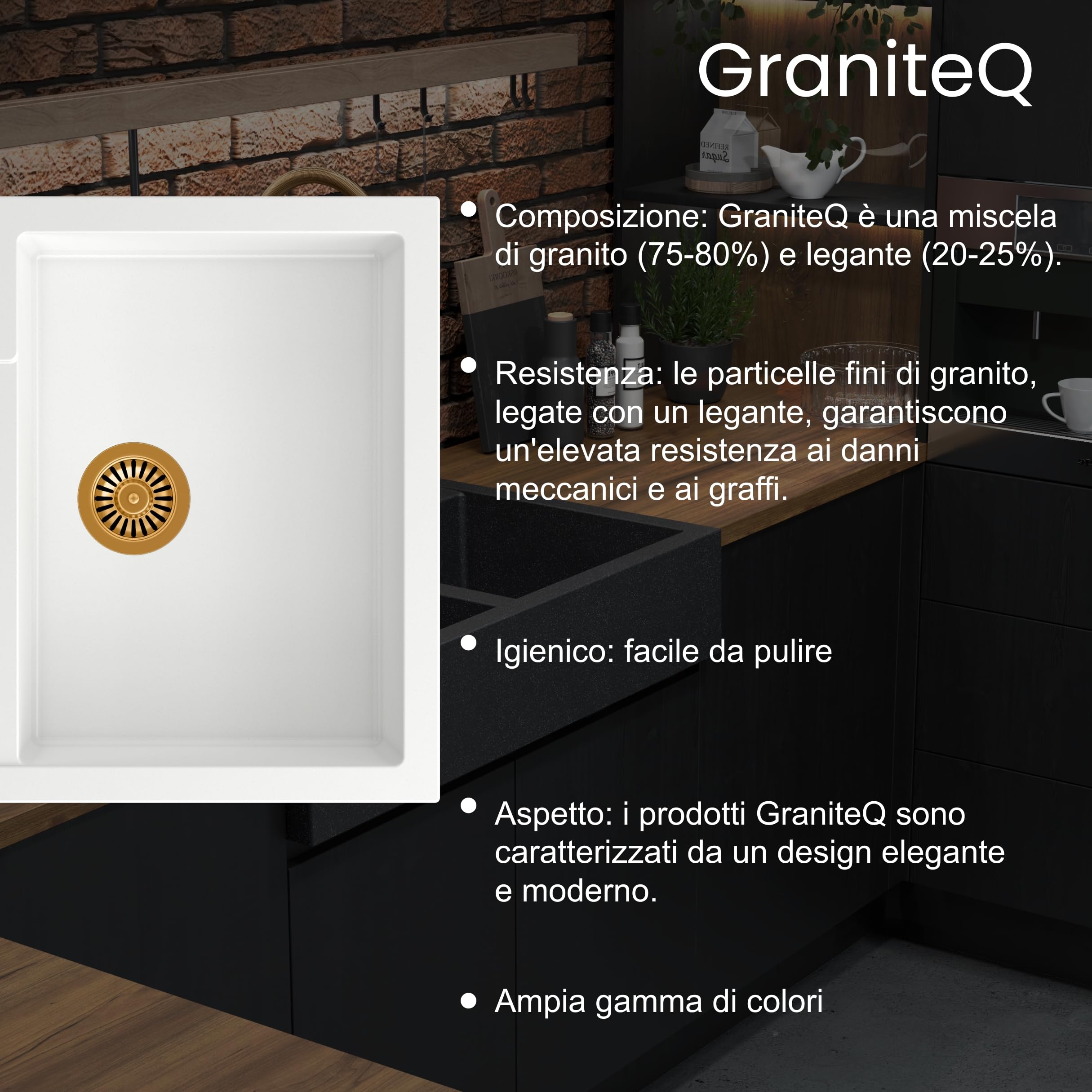 QUADRON Lavello da cucina in granito | dimensioni 77 x 44 x 17,6 cm Nero | Lavello GO MAX in granito Lavello a vasca singola | Lavello da incasso con rubinetto da cucina