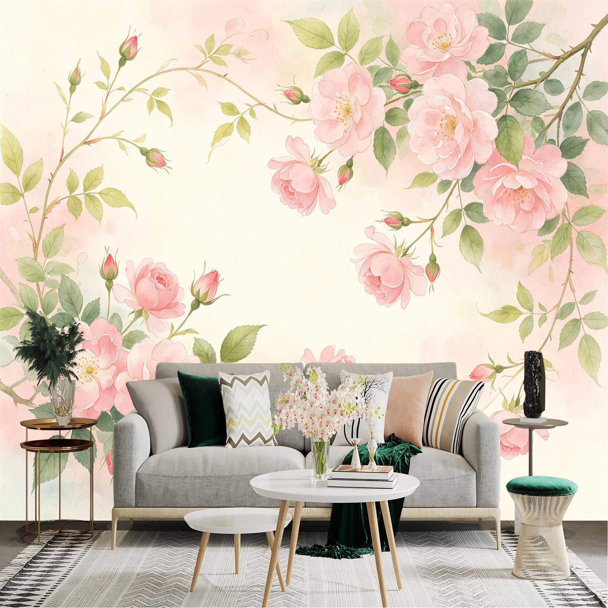 Lnzczhyre Dbh260521690 Custom Size Wall Sticker Mural， Watercolor Pink Rose Flowers， Romantic Floral Vine， Soft Botanical Garden Art， For Wall Decoration， Peelandstick Wall Decals.