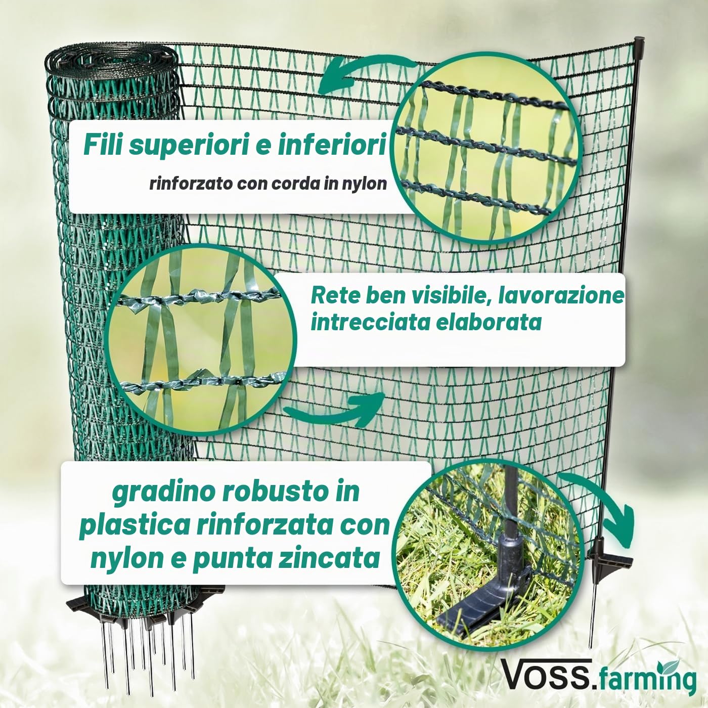 VOSS.farming Rete perimetrale Classic Premium, Altezza 80 cm e Lunghezza 20 m, con 12 Pali in Fibra di Vetro, Colore Verde, Uso Universale