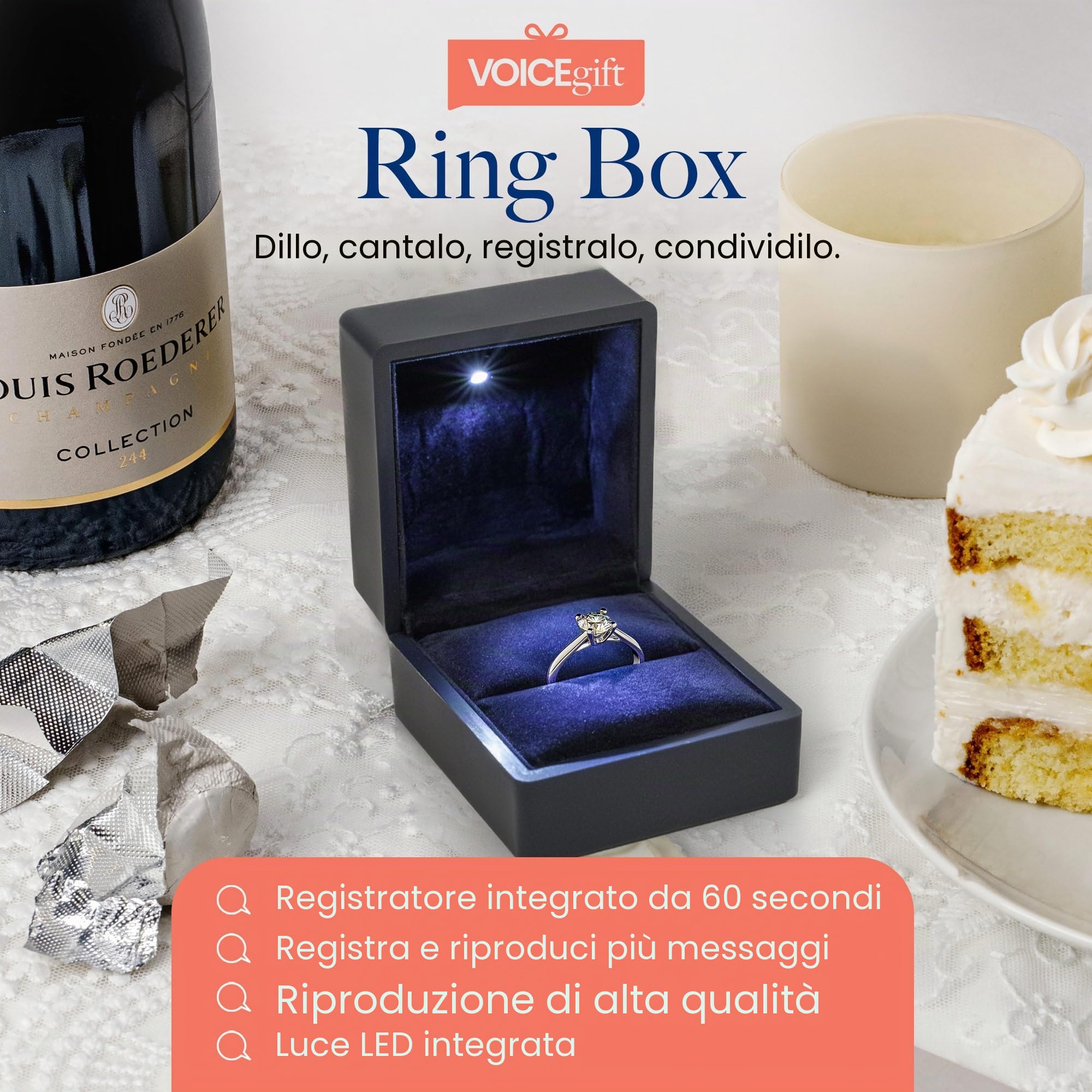 VOICEGIFT Registratore di suoni e audio da 60 secondi per cornici, album e album (Scatola ad anelli registrabile | Blu notte)