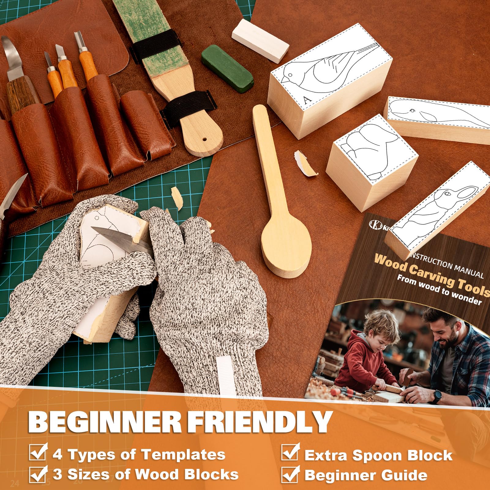 Wood Carving Kit, 32Pcs Wood Carving Tools with PU Storage Bag, Wood Whittling Knife Kit with 4pcs Templates & 11pcs Wood Carving Knives for Wood DIY Beginners