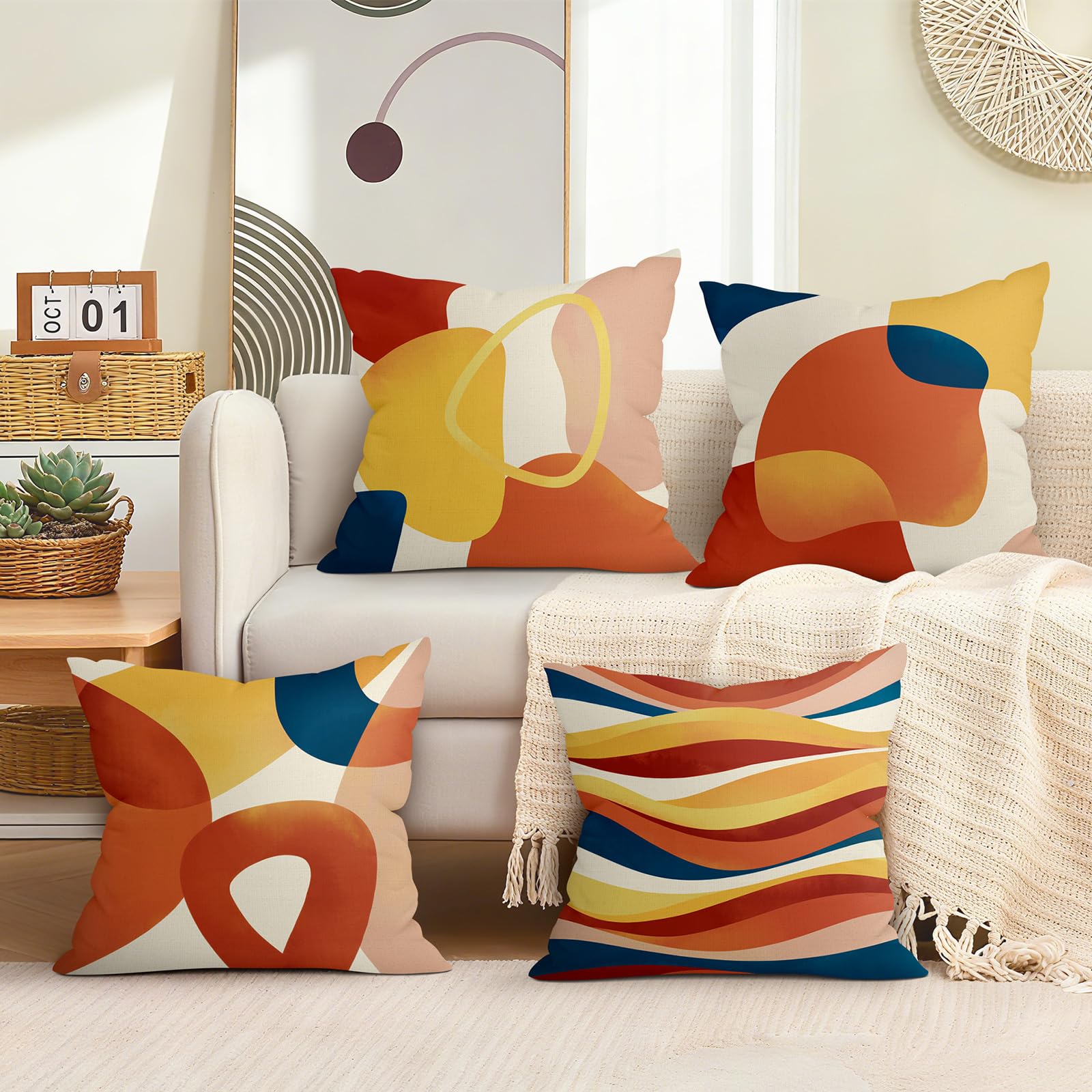 Federe per Cuscini Divano 50x50 set di 4 Boho Astratto Geometrico Arancione Moderno Federa Copri Cuscino Motivo Bohemien Federe Confezione Copricuscini Quadrati per Camera da Letto Divano