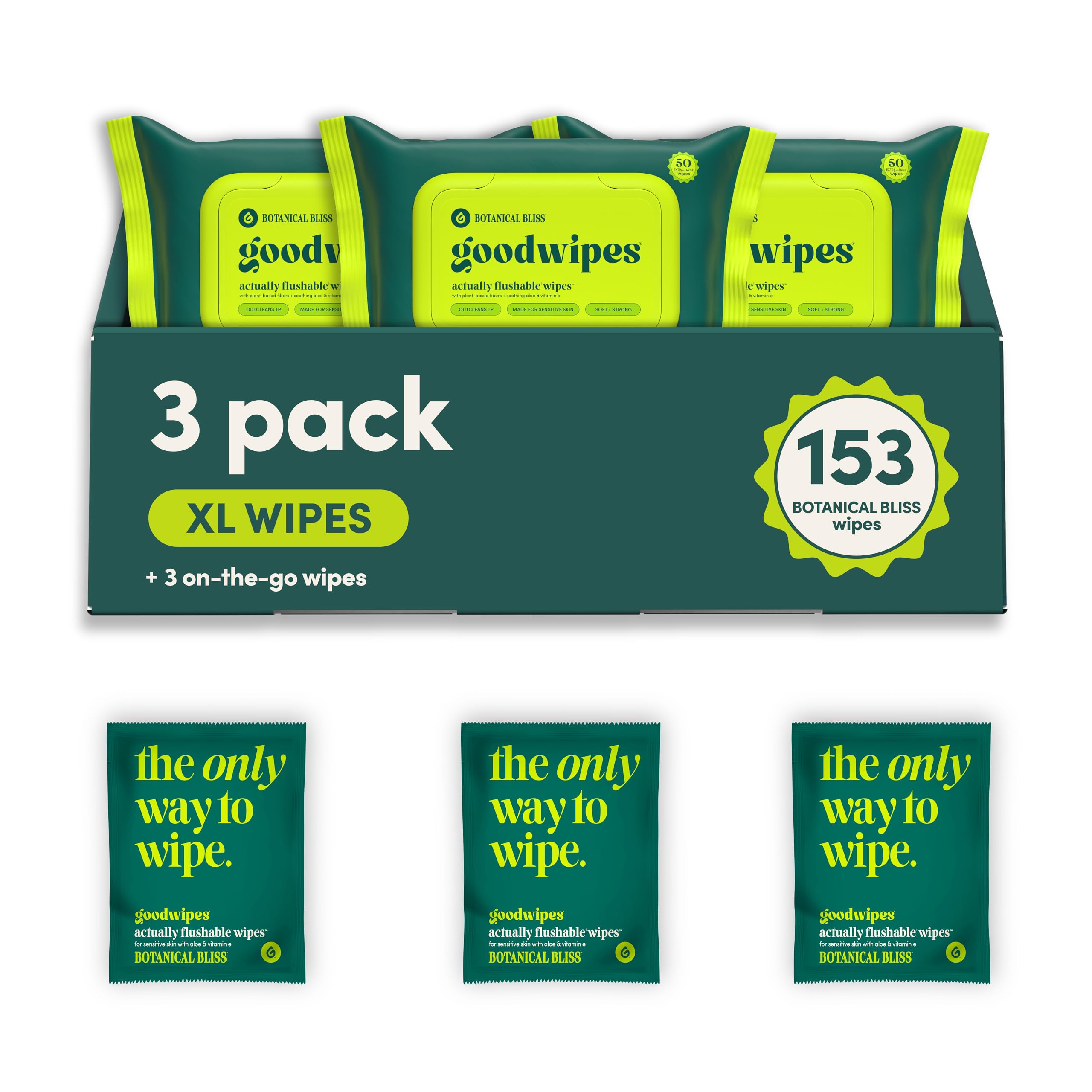 goodwipes Flushable Wipes Botanical Bliss Wet Wipes for Adults, 153 Count | pH Balanced & Extra Large - main product image