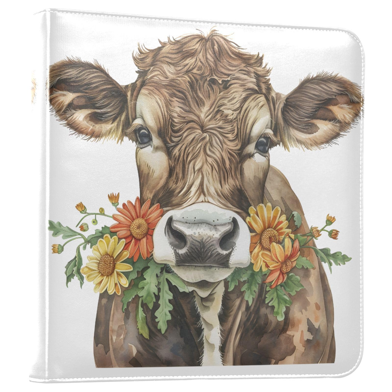 JIPONI Cute Cattle with Wild Flower Large Photo Album, DIY Leather Cover Scrapbook Albums for 4x6 5x7 6x8 Pictures, Self Adhesive Memory Book for Wedding, Baby, Family