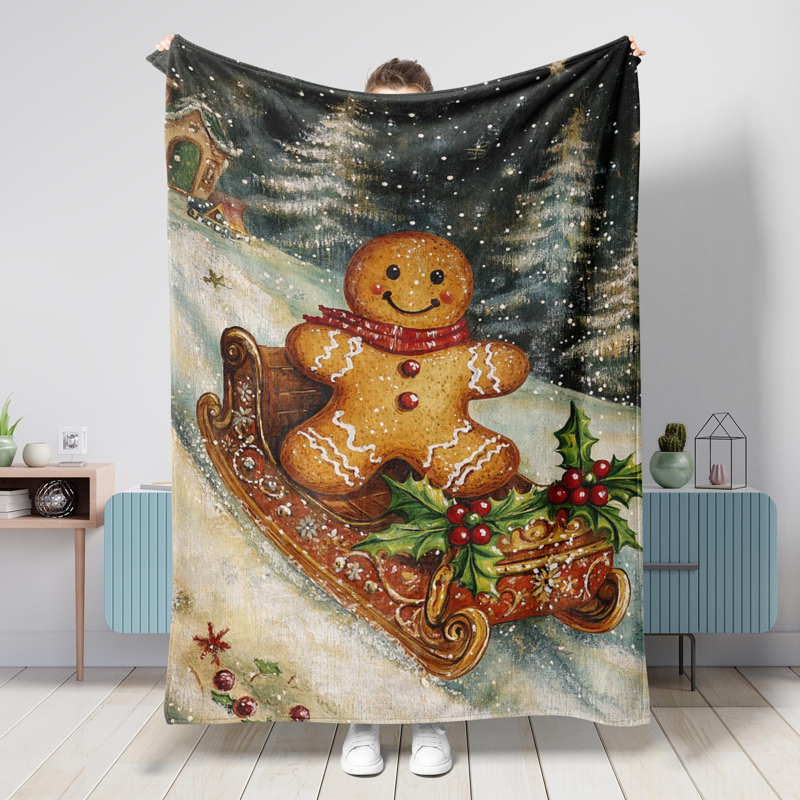 Gingerbread Man Holiday Blanket, Brown Soft Fleece Cozy Throw for Christmas Joyful Home Decor, All Season Warm Bed Sofa Cover 50x60 Inch