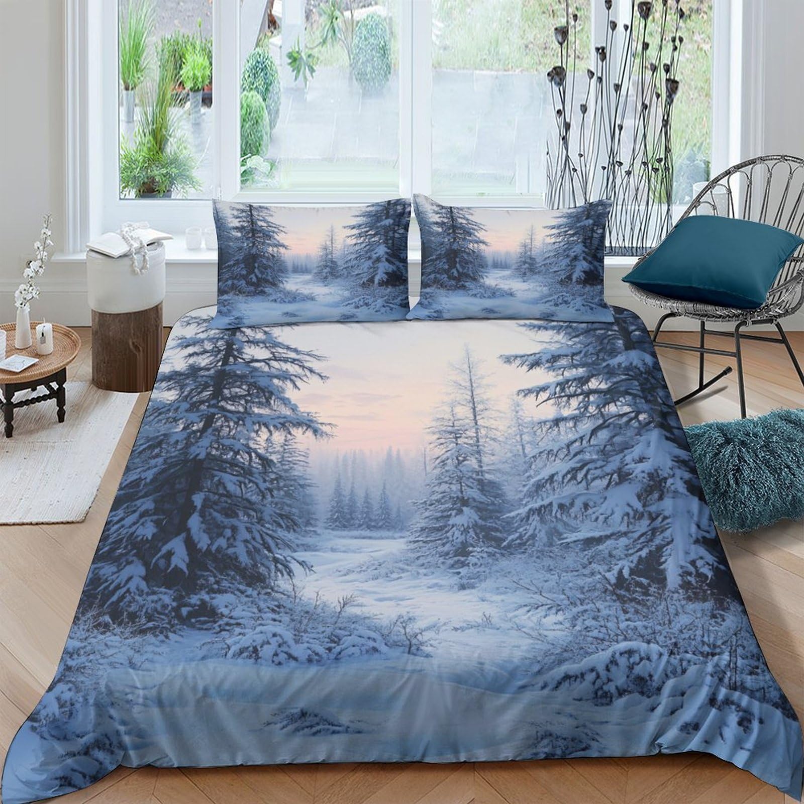 Ctjqhvkz Style-4 3D Printed Winter Forest Fitted Sheet Microfiber Soft Blue Sunset Bed Cover For Bedroom Guest Room Decor Single（135X200cm）