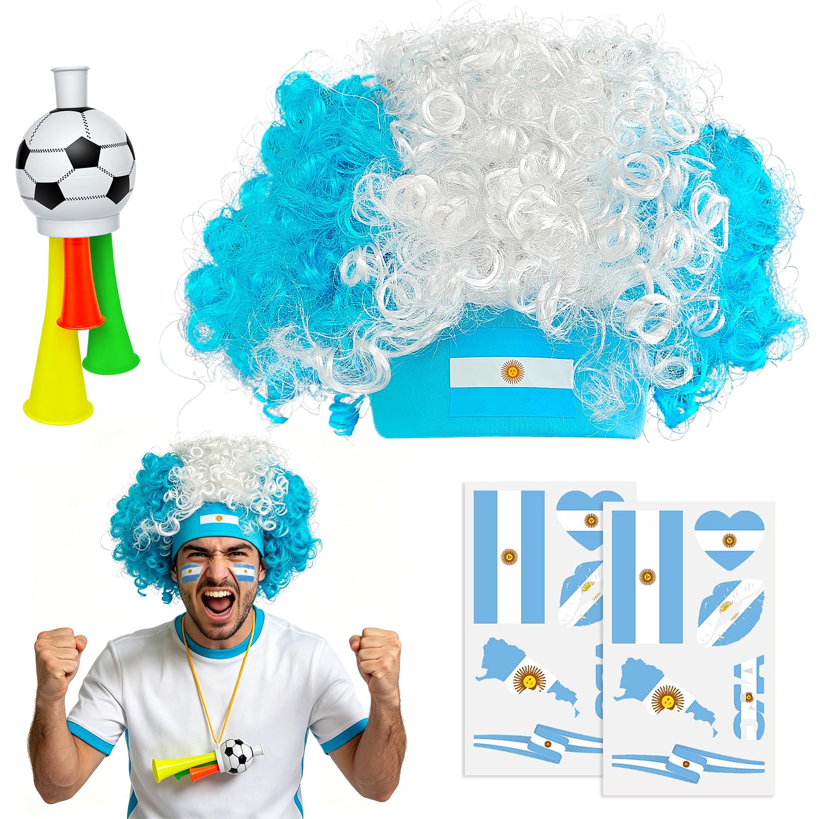 2026 Soccer Fan Gear Set – France Flag Clown Wig, Temporary Tattoos & Loud Horn – Cheer Accessories for International Football Matches, Stadium Parties & Global Tournament Celebrations — view 7