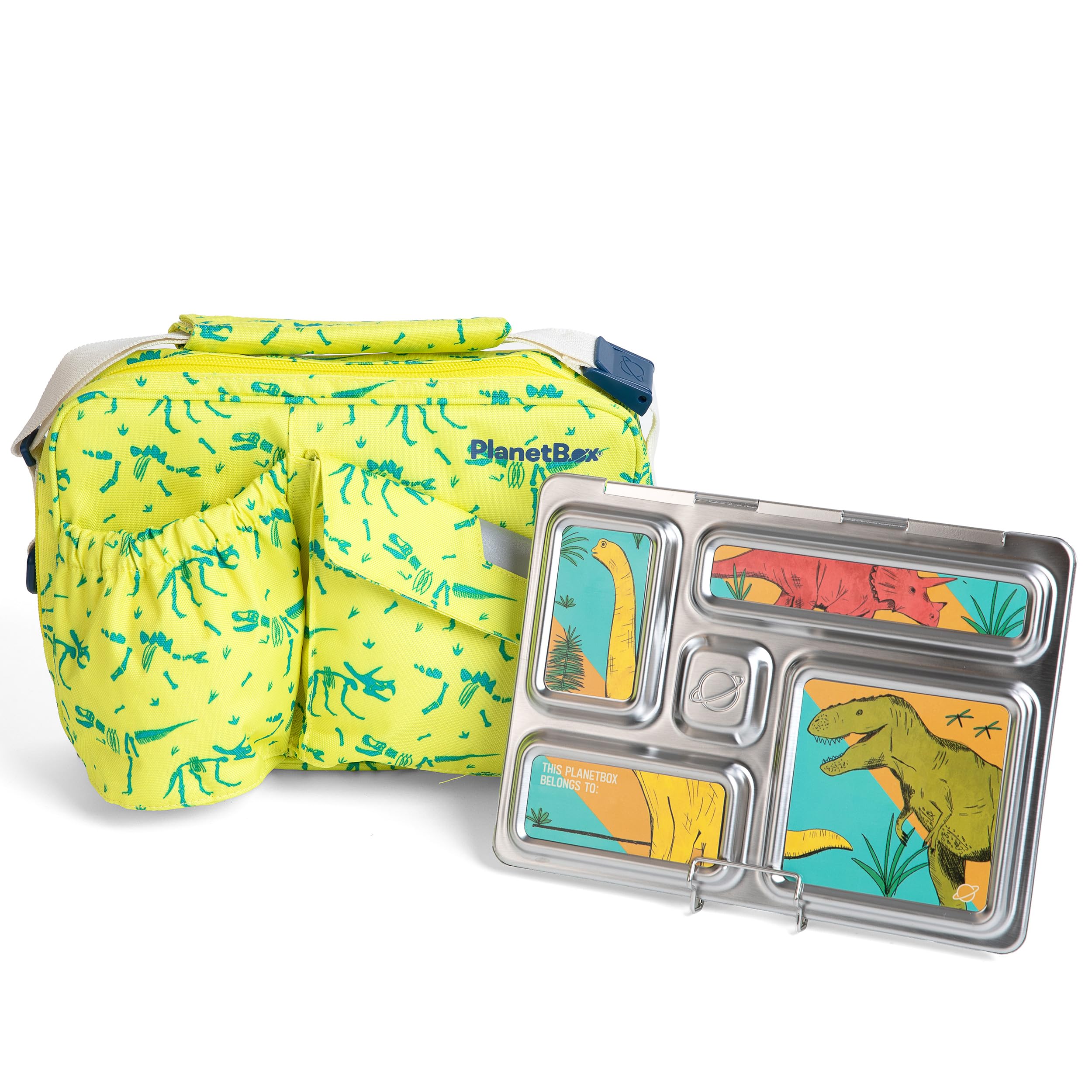 Photo 1 of PlanetBox Rover Stainless Steel Bento Box Style Lunch Box Kit for Kids with 5 Compartments, Dino Dig Edition includes Insulated Lunch Bag, Leakproof Food Containers and Matching Jurassic Magnets