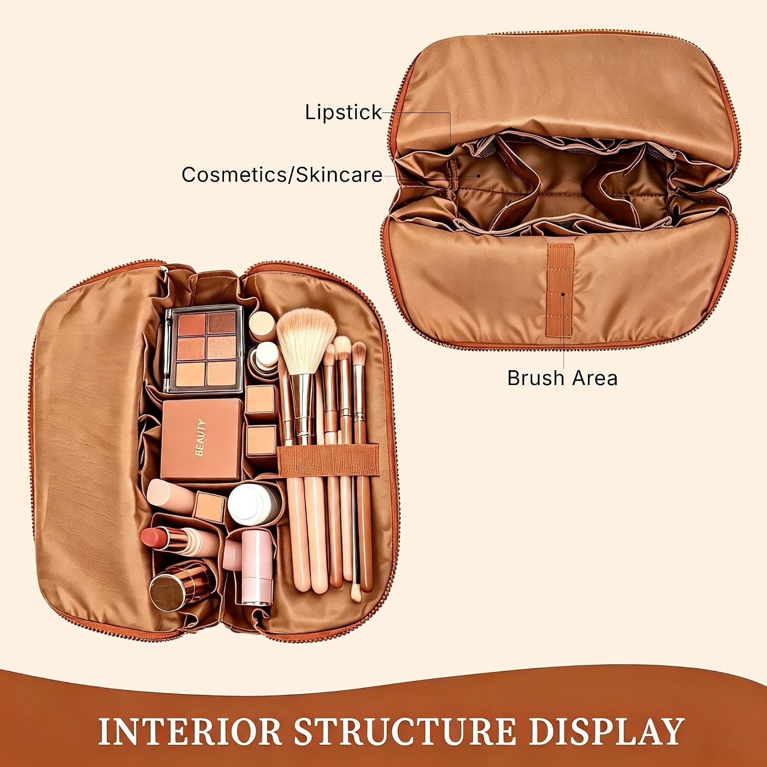 Fold-Down Makeup Bag for Women,Waterproof Stand-Up Cosmetic Bag with Brush Holders& Adjustable Dividers,Large Capacity Travel Makeup Bag for Toiletries and Skincare (Brown)