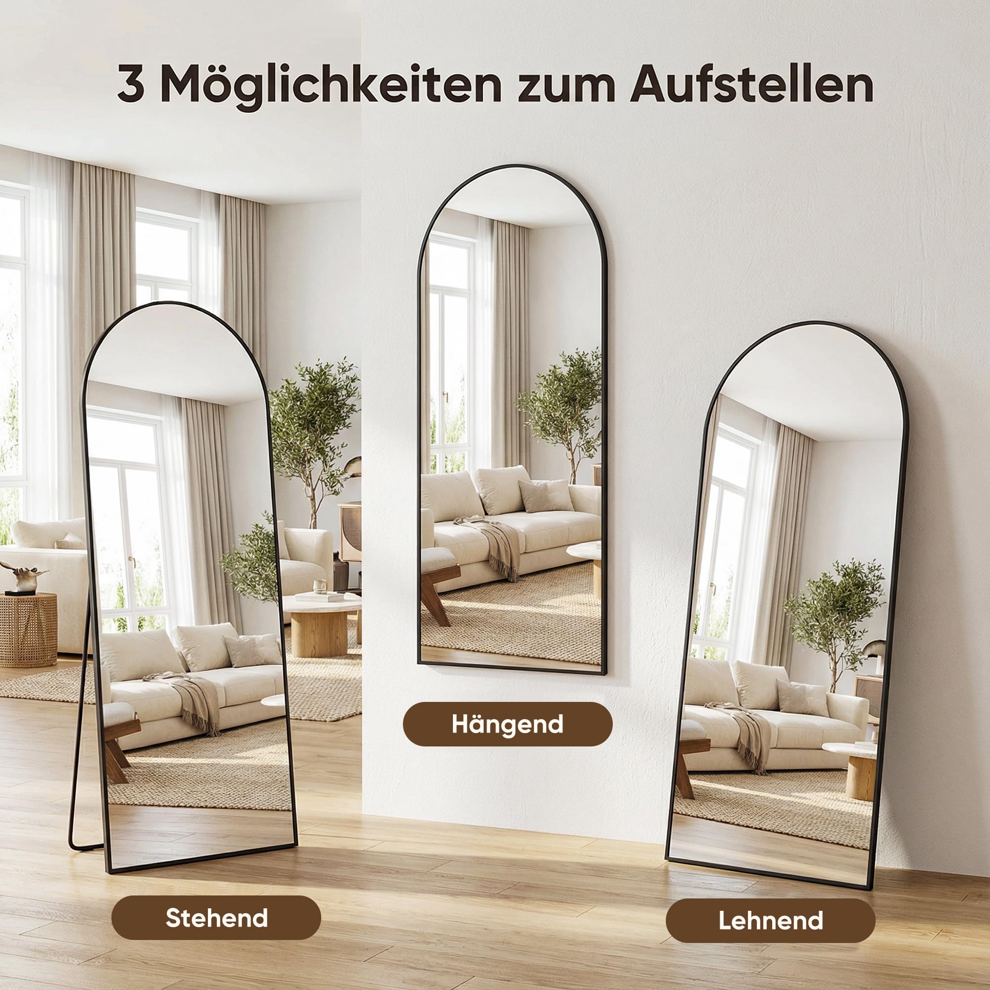 Miroir complet 180 x 82 cm, miroir sur pied bombé, cadre en alliage d'aluminium, noir