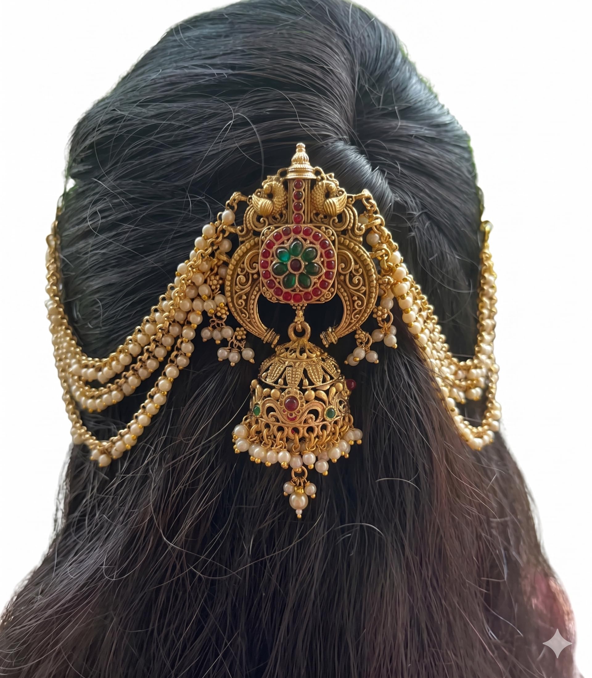 vineshaura VineshauraTraditional Gold-Plated Temple Style Bridal Juda Hair Accessory with Hooks & Brooch Pins | Antique Center Pin with Ruby, Green Stones & Pearl Jhumka Drops-picture-39