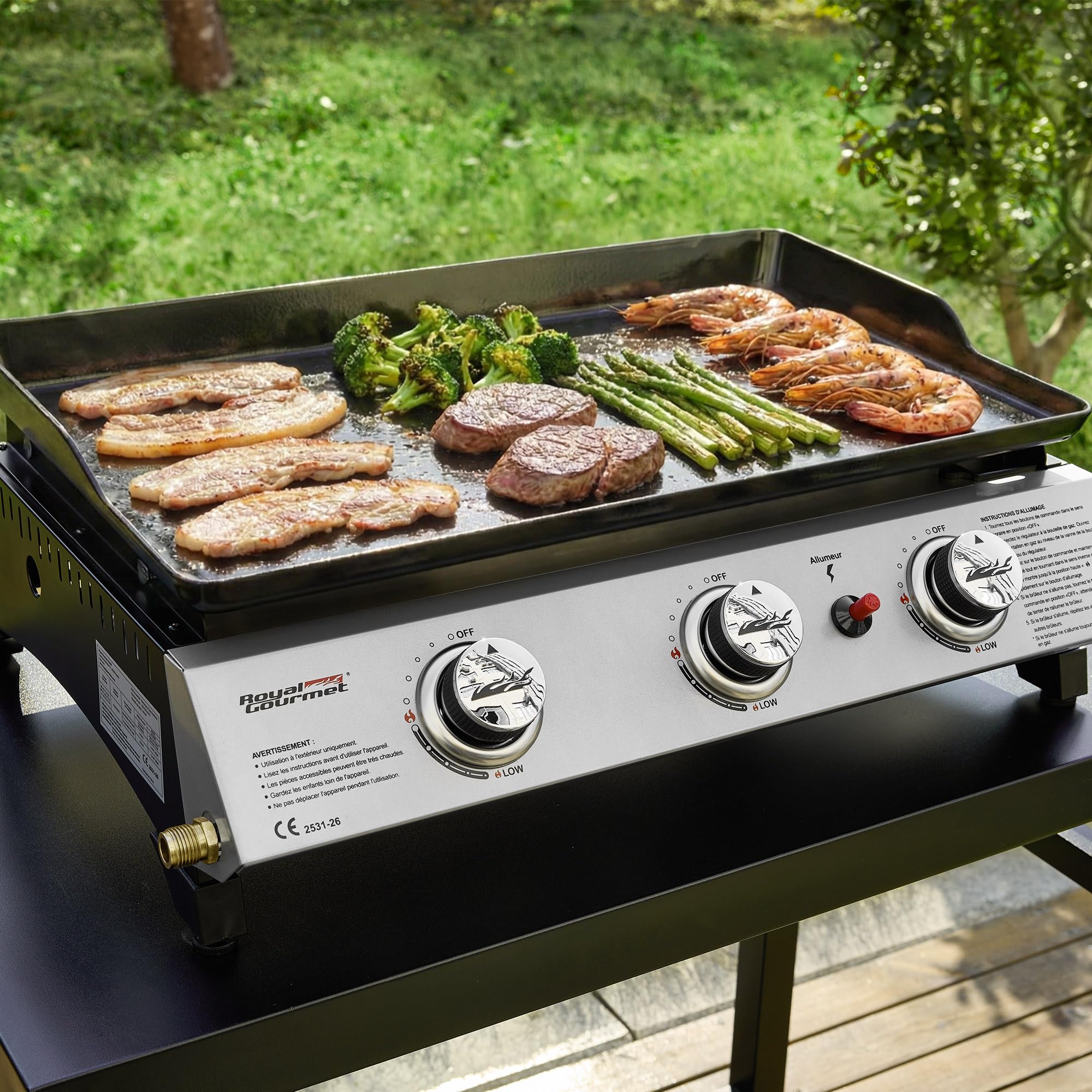 Royal Gourmet Piastra a Gas in Acciaio smaltato, 3 bruciatori di Potenza 7,5 kW, Superficie Cottura 62,0 x 35,5 cm, Portatile per Campeggio ed Esterno