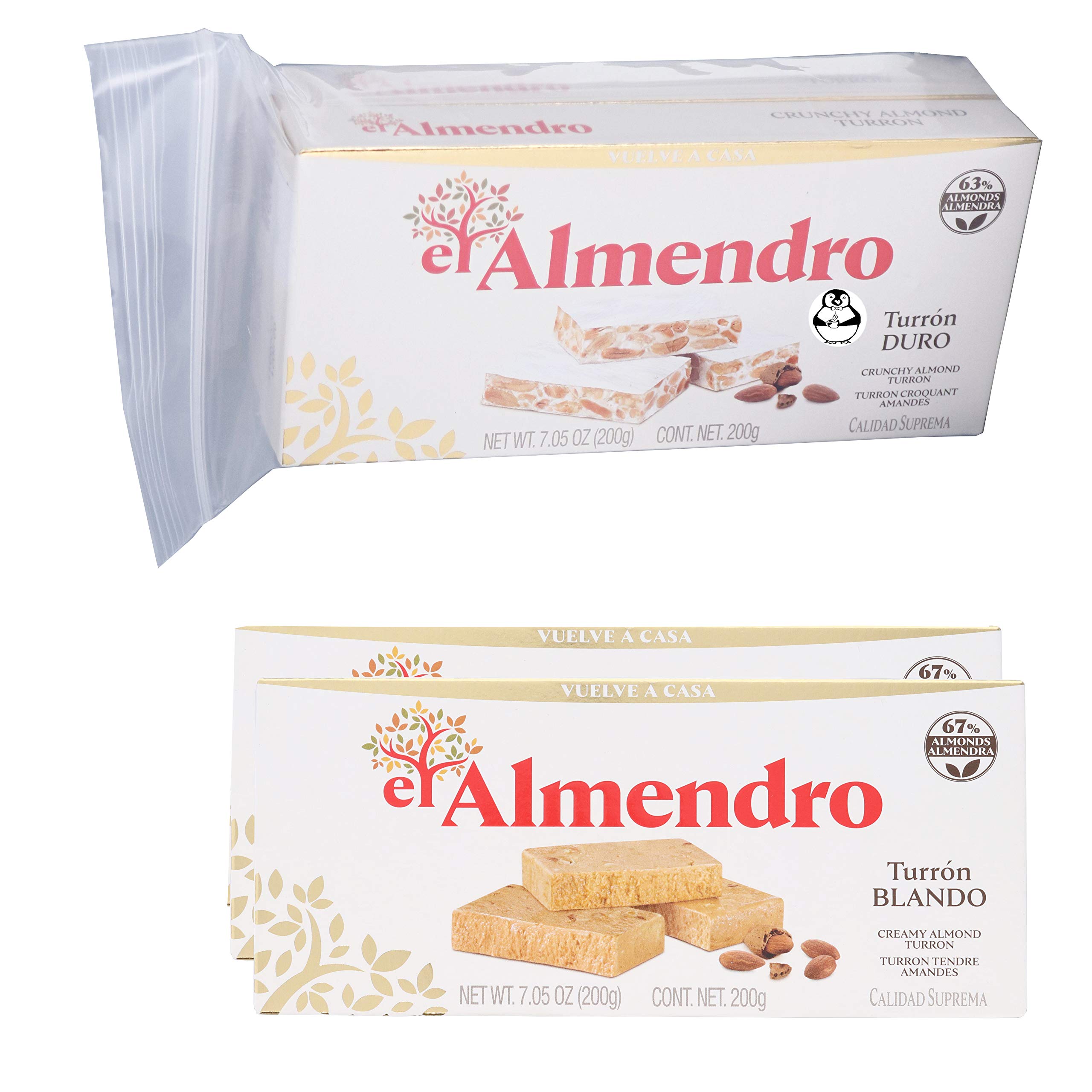El Almendro – Lot de 4 paquets de 4 amandes croustillantes nougat et tourron doux – amande crémeuse turron turron Blando y Duro con Almendras Calidad Suprema avec pochette de rangement rapide premium