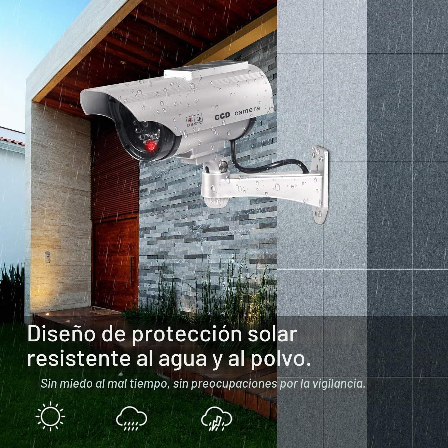 ERWEY 2 cámaras Falsas simuladas de Seguridad alimentadas por energía Solar con LED Parpadeante, Plata