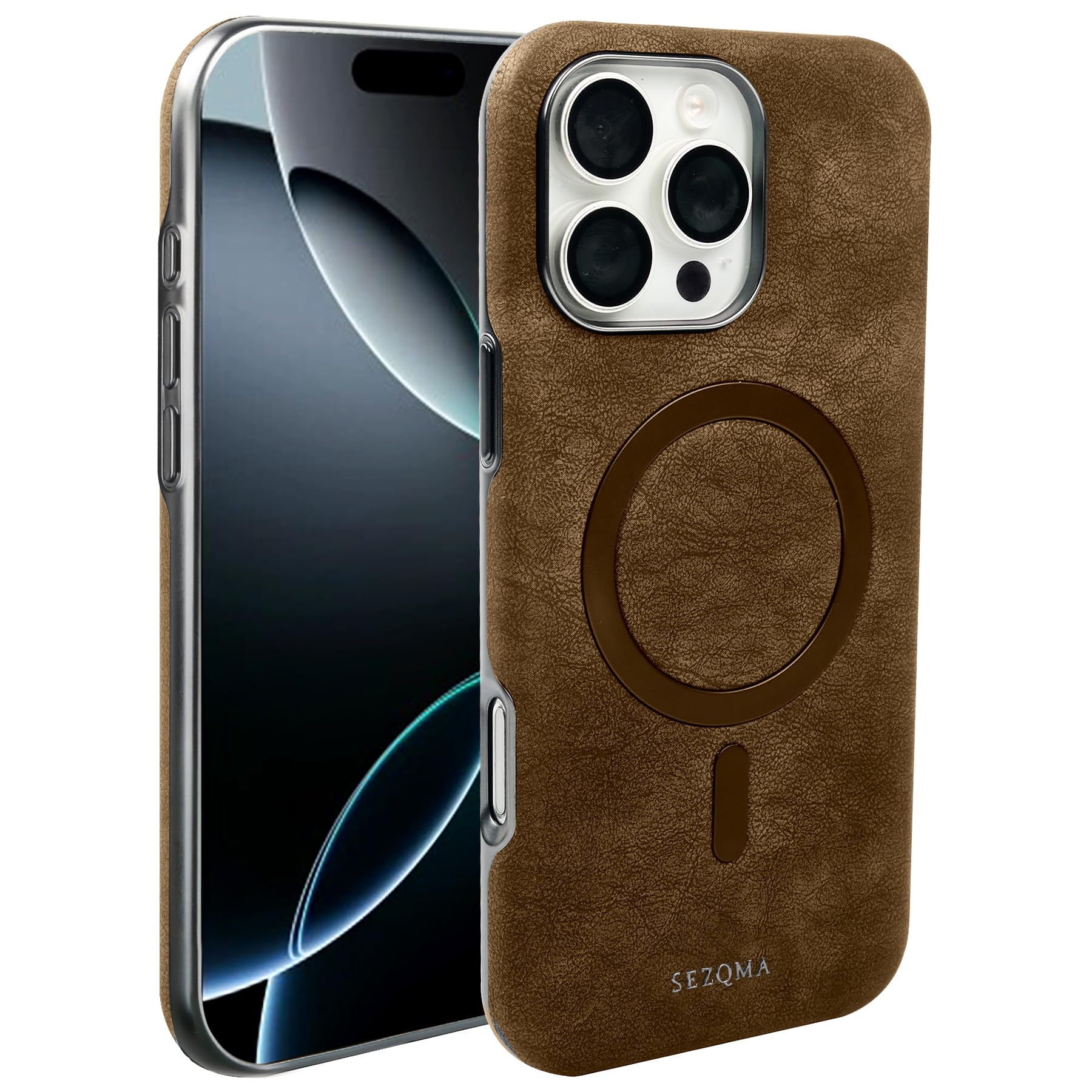 SEZQMA Leather for iPhone 16 Pro Max Slim Case with Magsafe, Strong Magnetic and Wireless Charging, Heavy Duty Protective 16 Promax Luxury Bumper