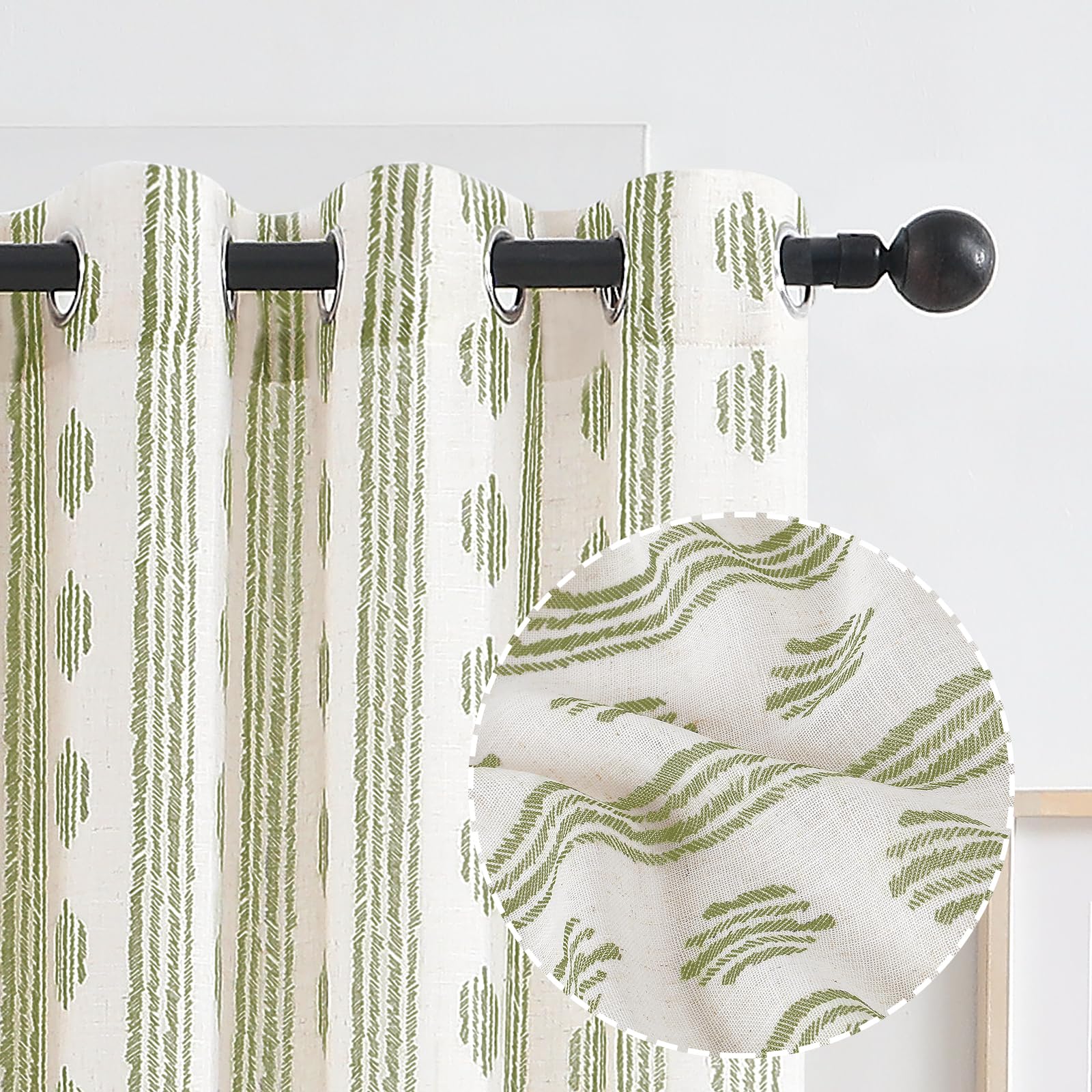melodieux boho striped pattern linen textured sheer curtains for bedroom, living room light filtering grommet window curtain drapes, 42 by 84 inch, sage on beige(2 panels)