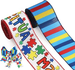 Blinket 2 Rolls 2.5" Autism Awareness Wired Ribbon for Wreath Bow, Puzzle Piece Ribbon for Ornaments DIY Craft Decor Making Hair Bows Wrapping Supplies Autism Awareness Month Decorations 10 Yard