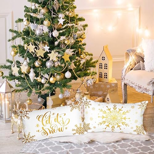 Vista 6 de Lanpn Fundas de Almohada Lumbar Decorativas de Navidad Blancas y Doradas con Bronceado 12x20 Juego de 4, Fundas de Cojín Navideño Decorativas Largas