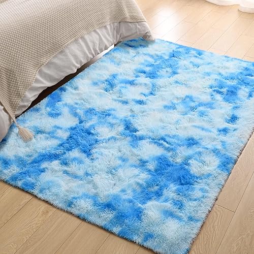 Miniatura 7 de Terrug Alfombras mullidas para sala de estar, dormitorio, 5 x 8 pies, teñido anudado azul, alfombra grande peluda, antideslizante, moderna alfombra