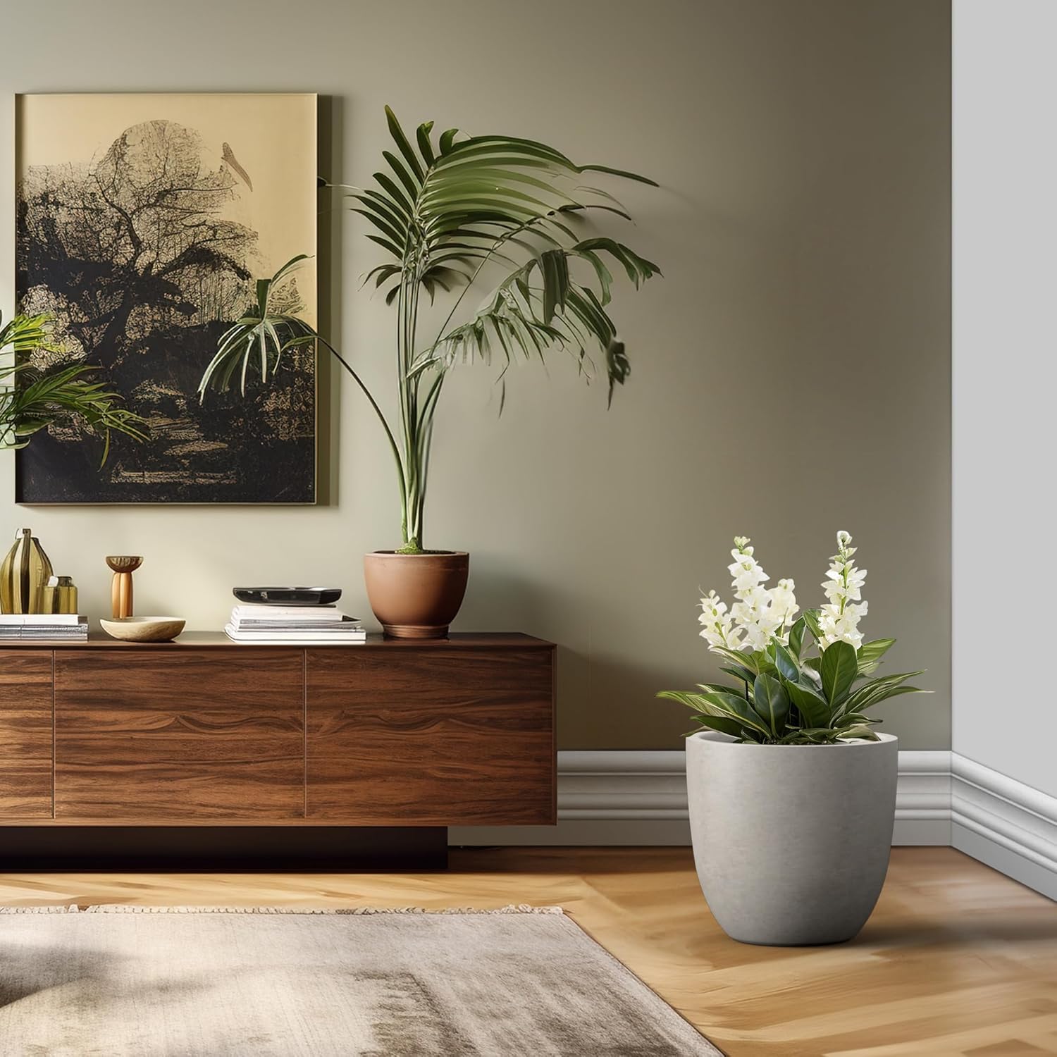 Kante 18 Inch Dia Round Concrete Planter, Indoor Outdoor Large Plant Pot with Drainage Hole and Rubber Plug for Home Patio Garden, Weathered Concrete