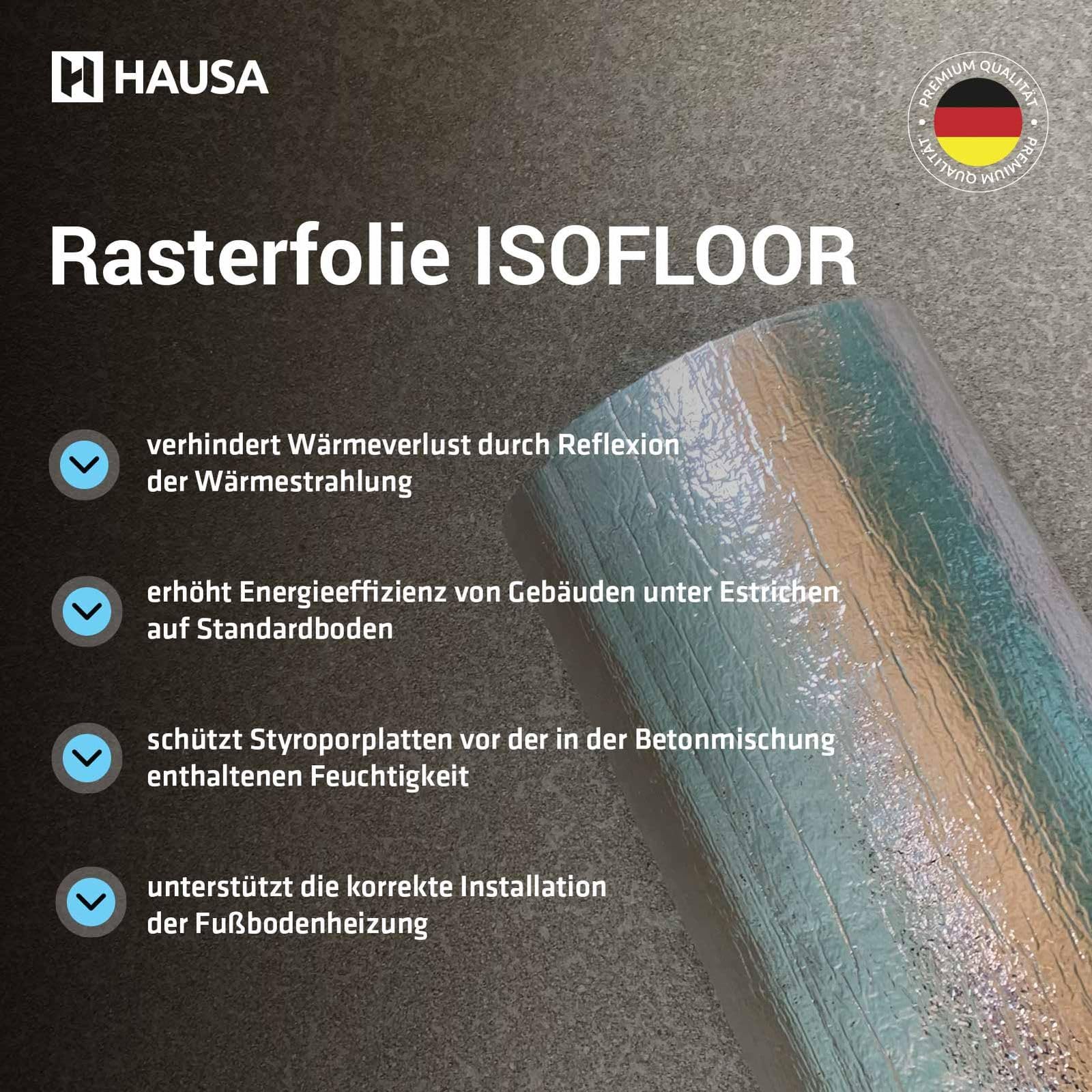 HAUSA Pellicola isolante ISOFLOOR per riscaldamento a pavimento, 50 m, efficiente isolamento termico sotto sistemi di riscaldamento a pavimento, pellicola di alluminio, isolamento a pavimento con