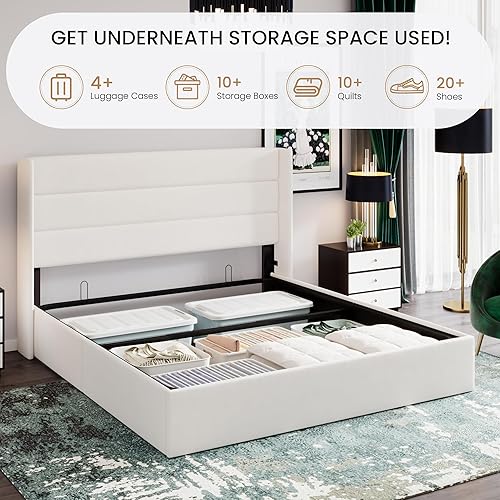 Miniatura 3 de SHA CERLIN Cama de Almacenamiento Elevable Tamaño King/Tapizada en Terciopelo/Cabecera Moderna con Respaldo de Ala/Marco de Cama Plataforma