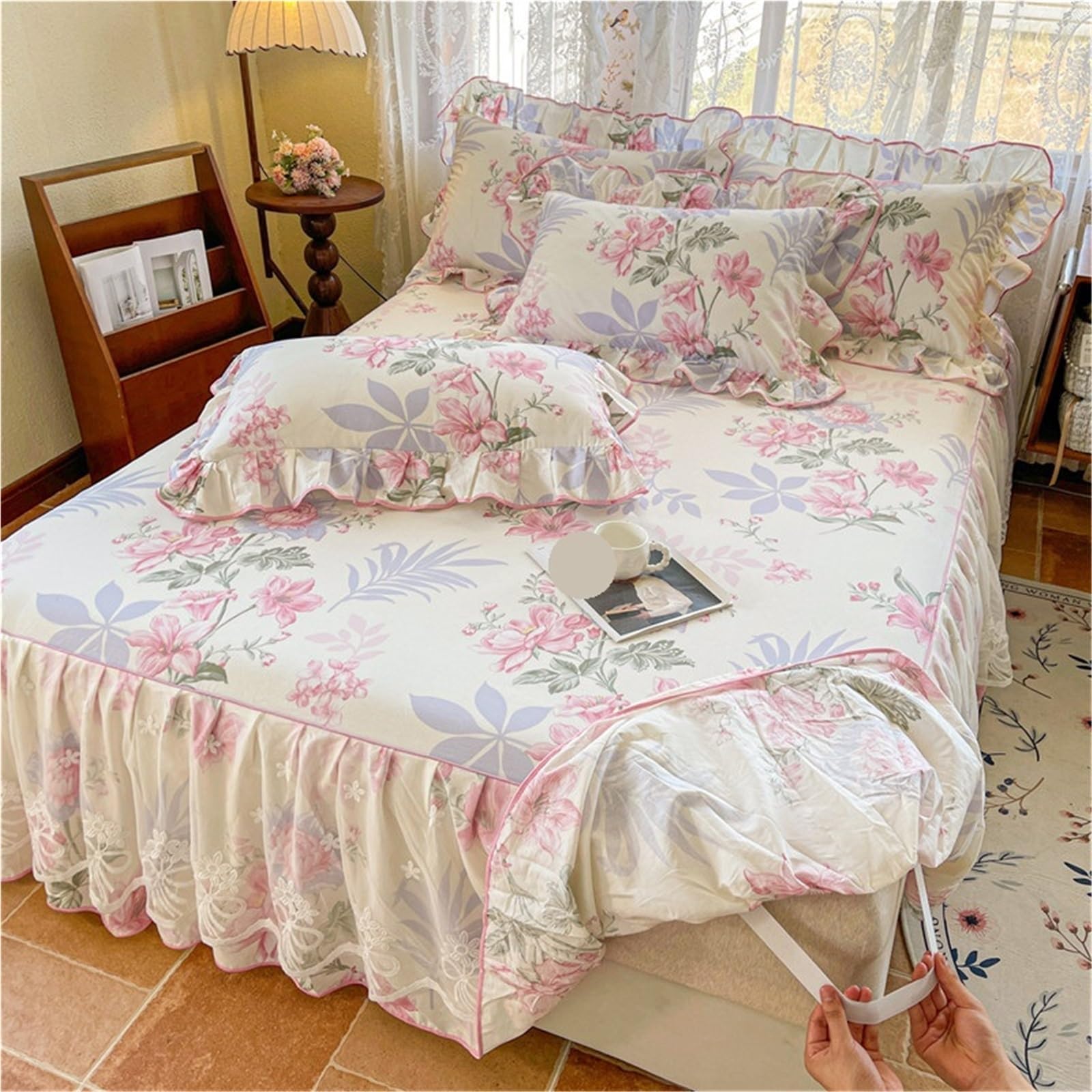 Falda De Cama De Encaje, Cubierta De Volantes for el hogar, Colcha Suave De algodón Puro, Falda De Cama De Lino (sin Funda De Almohada), 1 ud.(H,180x200x45cm 1pc)