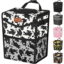 Pritent Car Trash Can with Lid, Cute Leakproof Car Trash Garbage Bag Hanging Vehicle Trash Bin Small Portable Automotive Garbage Cans Organizer for Back/Front Seat/Console2.8 Gallons,Cow Print