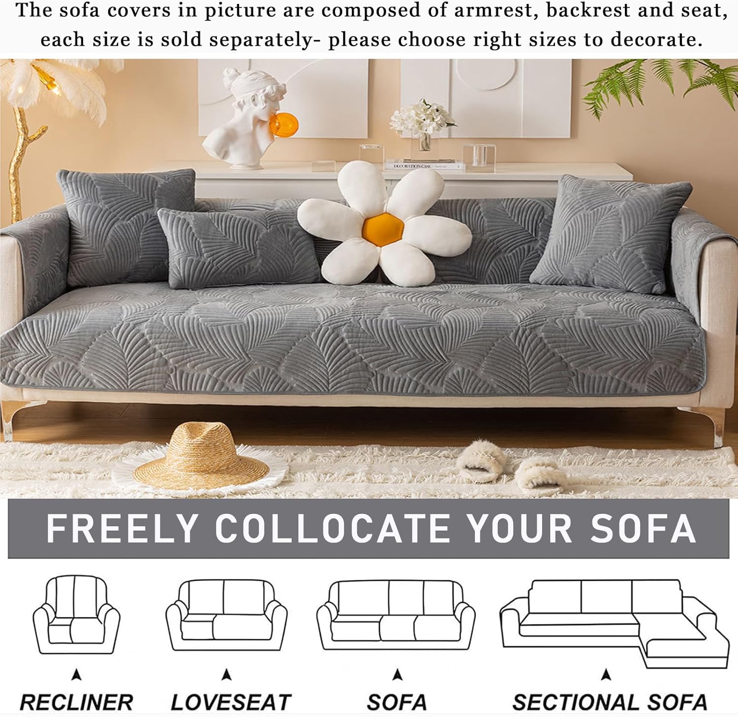 ZTGL New Sectional Couch Covers, Plush Sofa Cover, Double Sided Quilted Sofa Slipcovers, Universal Non-Slip Furniture Protector, Washable Sofa Protector,G,1 pc 110x240(cm)