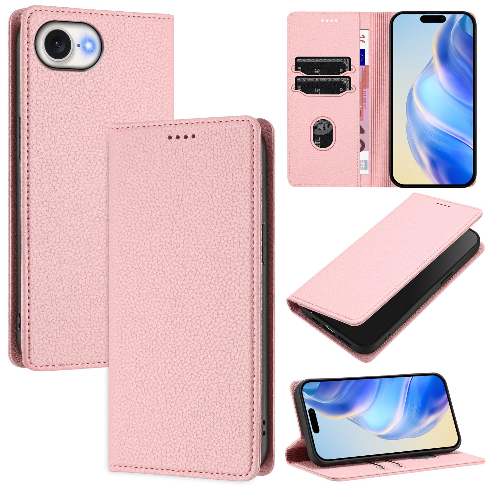 Étui portefeuille à rabat en cuir grainé rose compatible iPhone 17E - 6