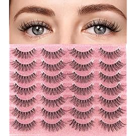 Lashes Natural Look Faux Mink Eyelashes Wispy Clear Band Lashes 16mm Natural False Lashes Cat Eye Short Strip Lashes Pack 14 Pairs
