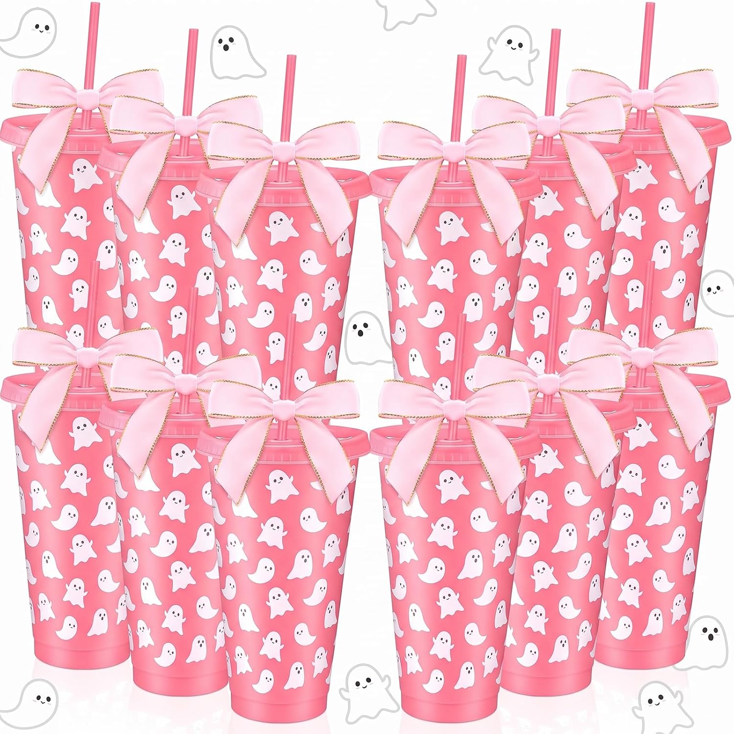 SiliFine 12 Sets Halloween Ghosts Tumbler Cups Bulk 24 oz Reusable Cute Spooky Plastic Tumbler with Straw Lid and Bow Ghost Party Favor for Little Boo Baby Shower Party Supplies(Black)