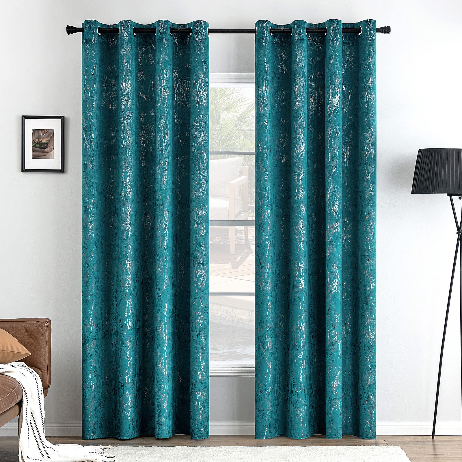 MIULEE Turquoise Velvet Curtains with Gold Foil,2 Panel Set 57 Inch Drop Curtains,Blackout Curtains Bedroom Super Soft Thermal Insulated Eyelet Blackout Curtains for Living Room 55 x 57 Inch — image 1