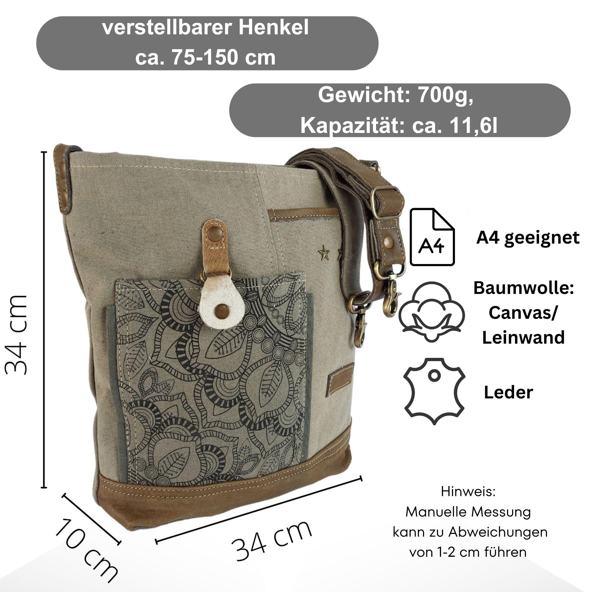 Sunsa Umhängetasche Damen groß Handtasche mit vielen Fächern Tasche aus Canvas & Leder. Vintage Tasche in Kahkigrün. Mandala Design Schultertasche Shopper Arbeitstasche Frauen Crossbody Damentasche