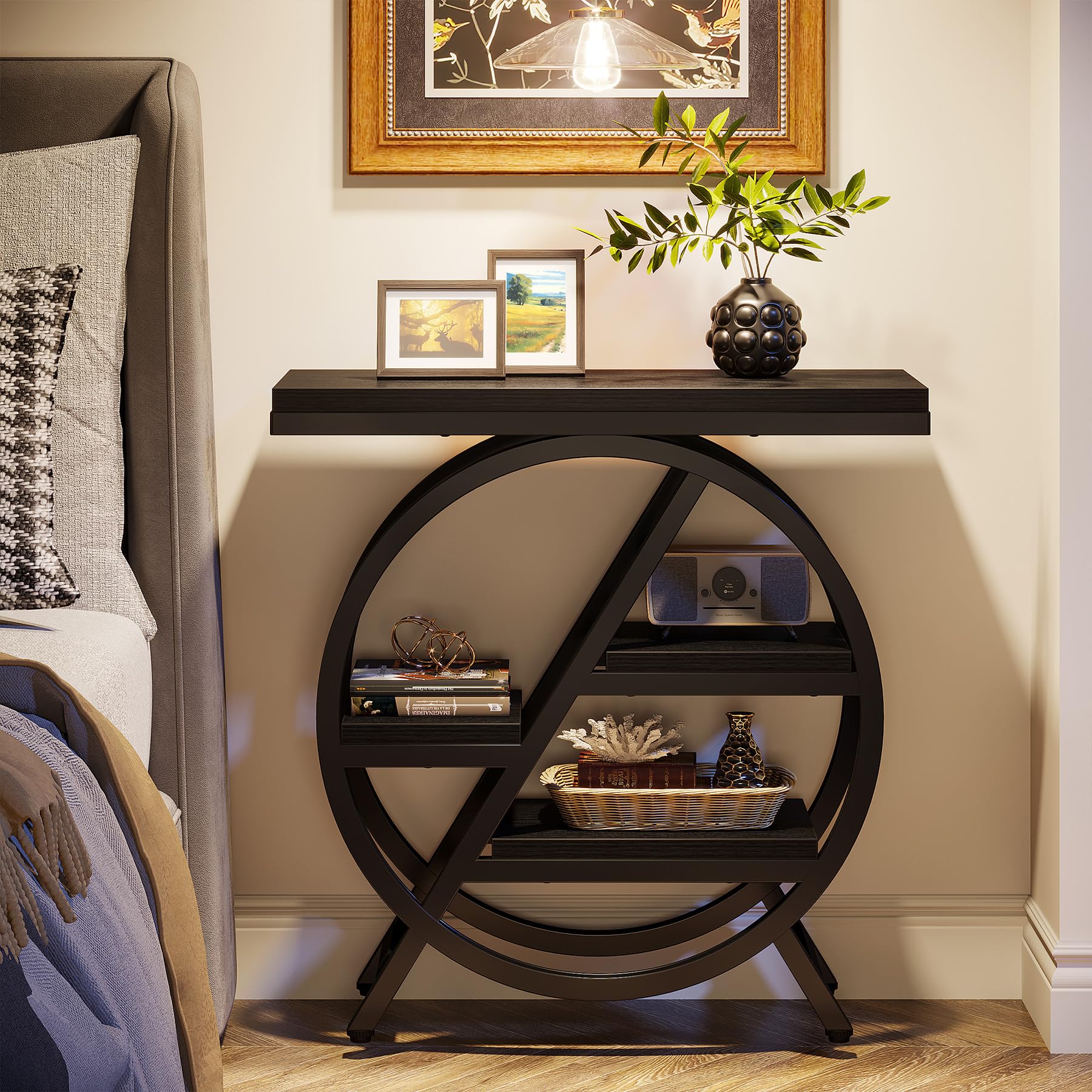 Tribesigns End Table for Living Room, 3-Tier Narrow Side Table with Storage, Wood Sofa Side Table with Geometric Metal Frame, Industrial Nightstand and Bedside Table for Bedroom, Black
