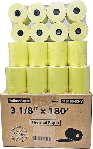 Miniatura 1 de (32 rollos) 3 18 x 180 rollos de papel térmico amarillo (grosor del papel de 2.17 ozyd) se adapta a todas las impresoras de caja registradora Clover