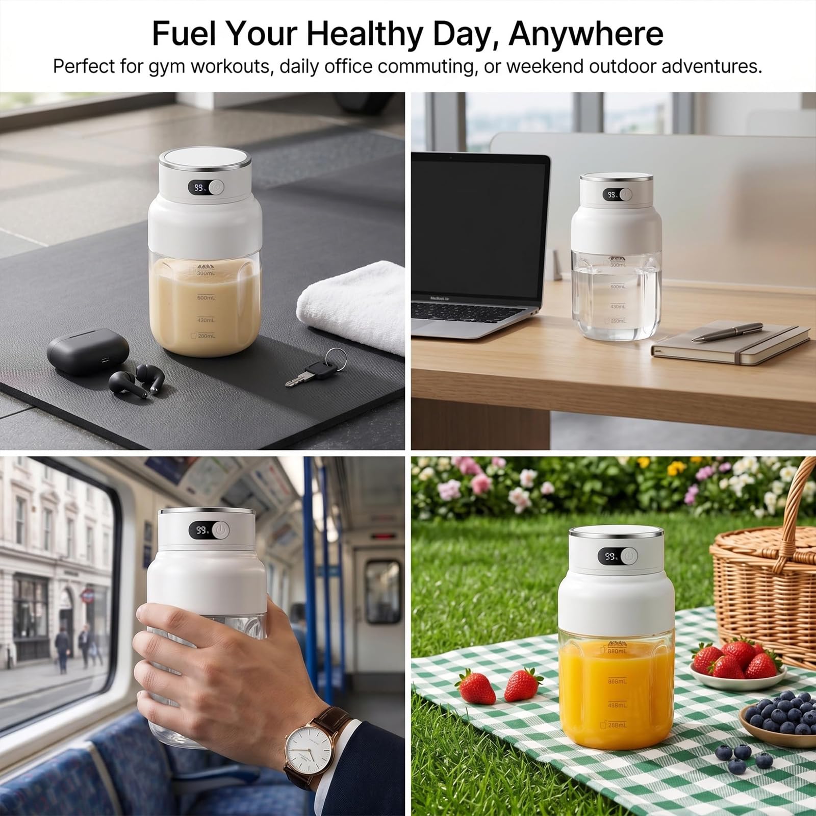 Spremiagrumi Portatile, Bicchiere da Succo Senza Fili Portatile da 1,2L con Display LED, Doppio Coperchio Ricaricabile via USB per Smoothie, Frullati e Bevande di Frutta Fresca